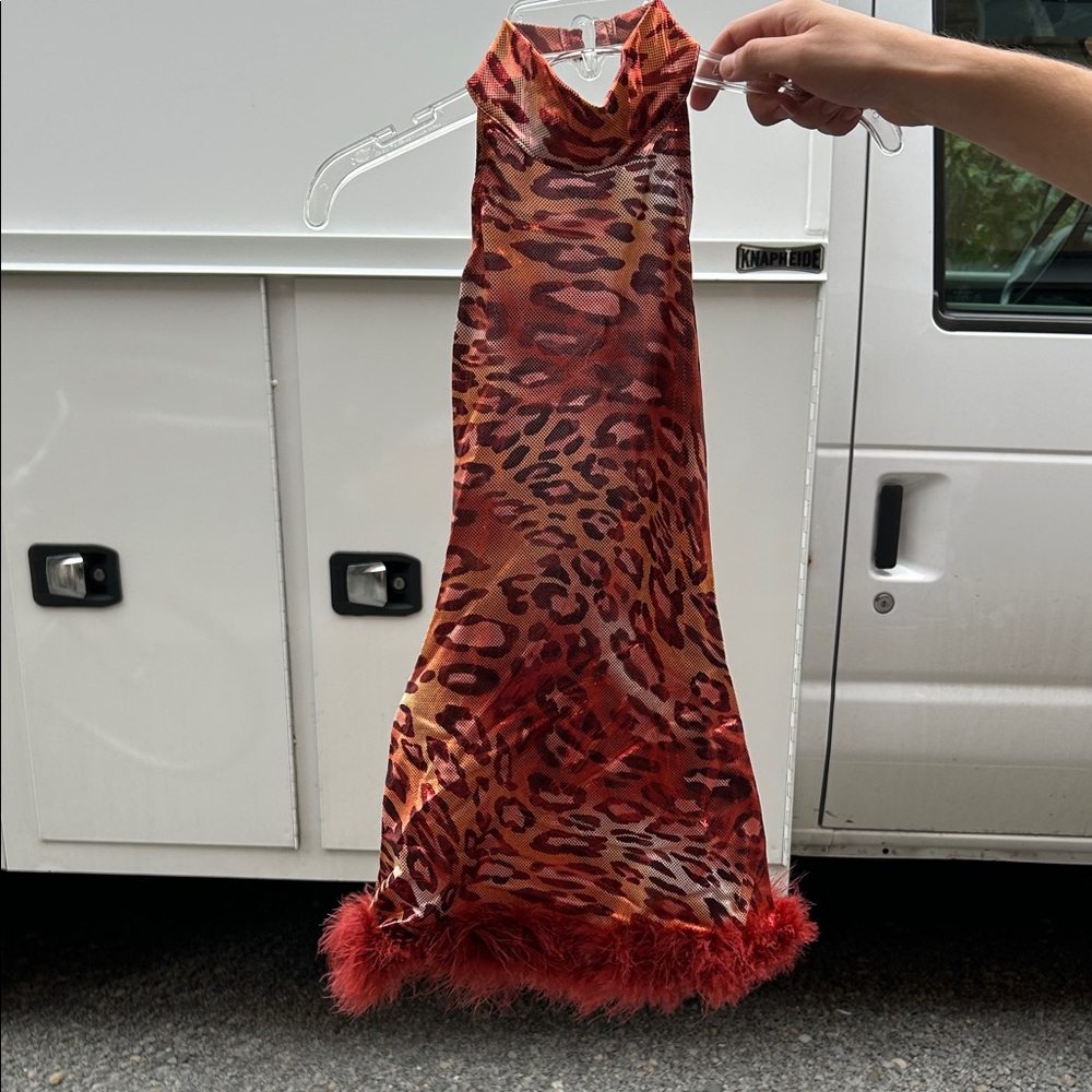 Leopard Print Halter dance costume with Red Feather Trim